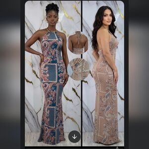 Paisley Halter Maxi Dress Beige Hulter Neck Spandex Dress